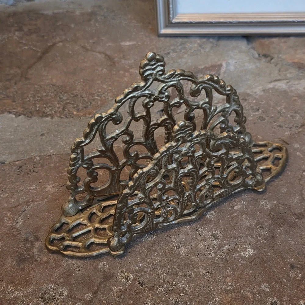 Vintage Brass Napkin Holder Ornate Filigree Letter Sorter Cast Metal Gold Tone